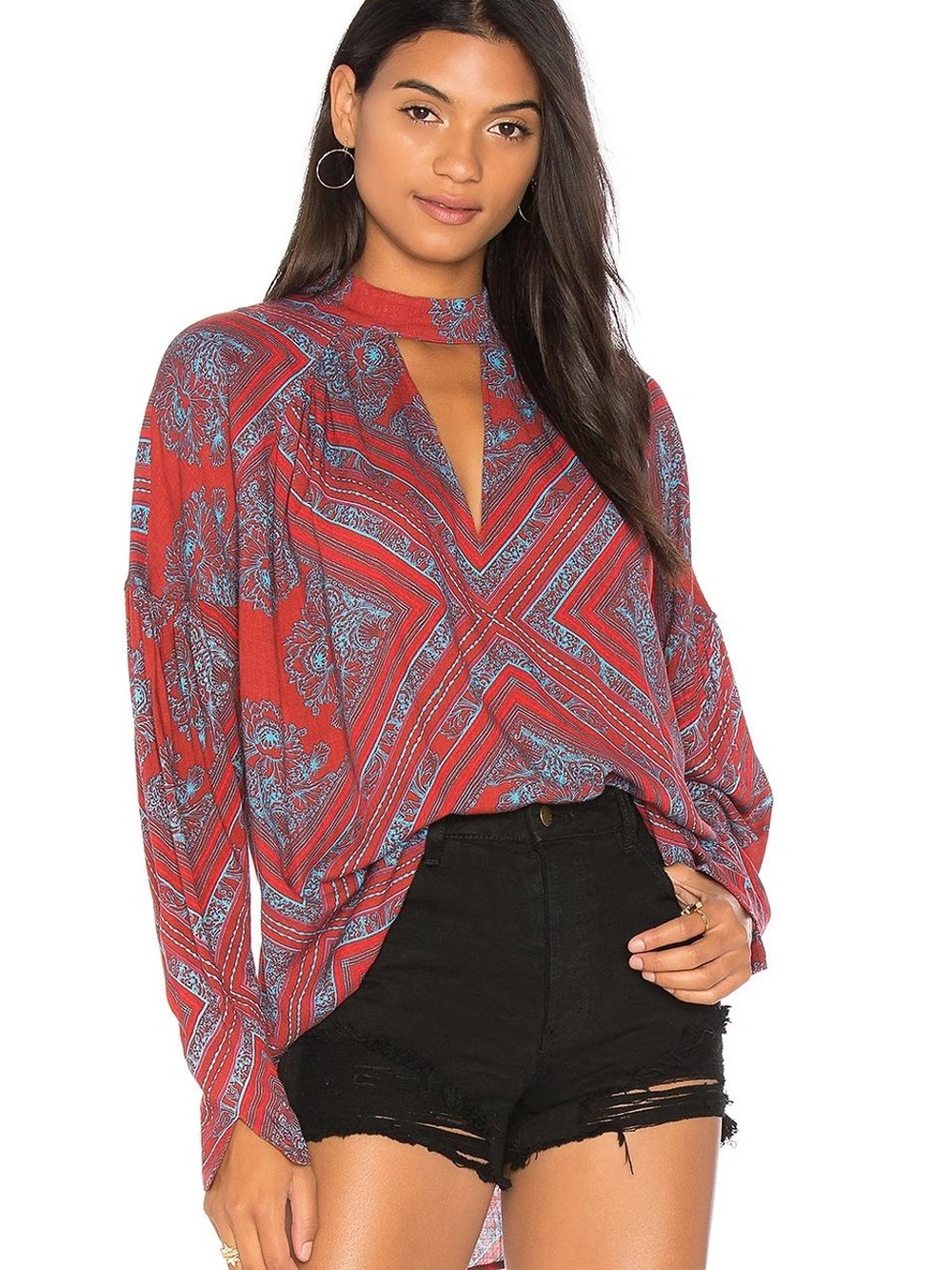 Free People Red Paisley Print Keyhole Blouse - walking on a dream tunic